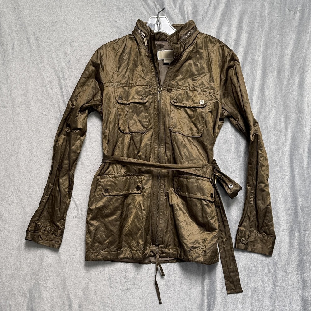 Michael‎ Kors Jacket Womens Small Brown Belted Hooded Full Zip Utility Coat